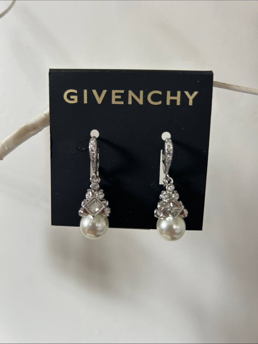 Givenchy Silver-Tone Pearl Drop Earrings with Crystal Accents